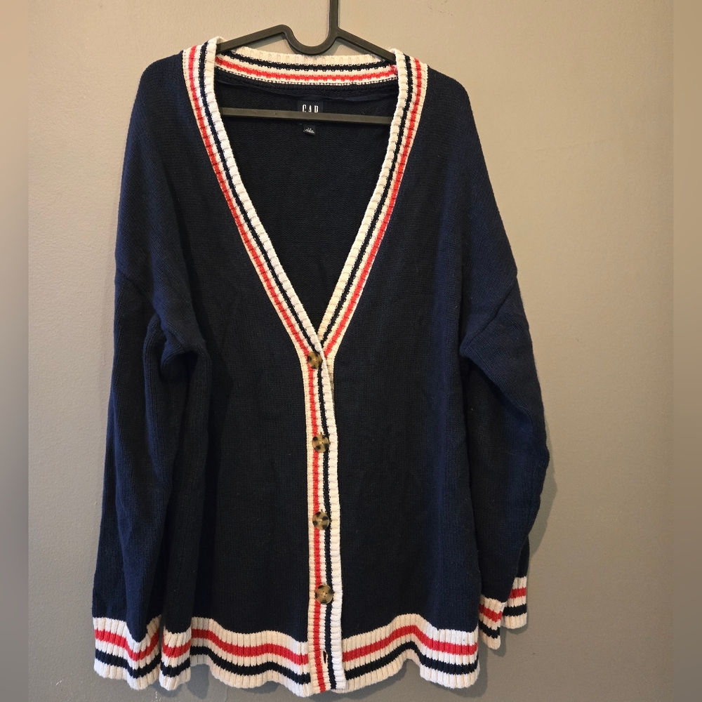 GAP Navy Cardigan with Red and White Accents
